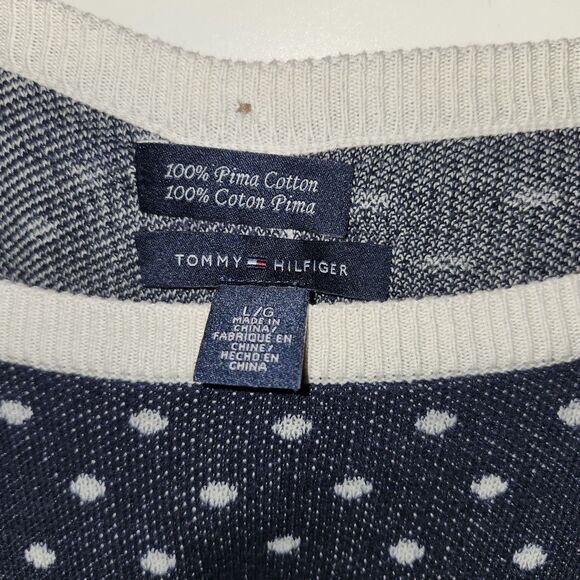 Tommy Hilfiger Women’s L Navy Polka Dot Sweater 100% Pima Cotton Back Buttons - Picture 3 of 4